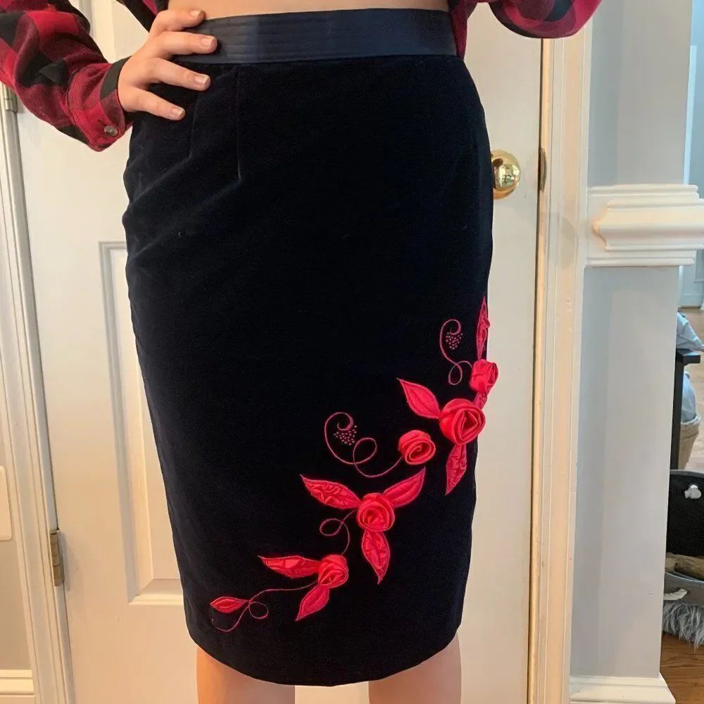 Navy Velvet & Pink Satin Applique Skirt Preppy 8